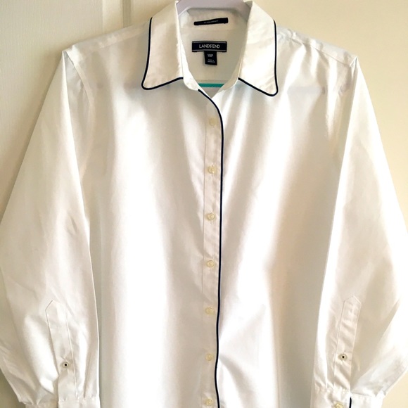 Crisp white Lands End shirt with dark blue trim.